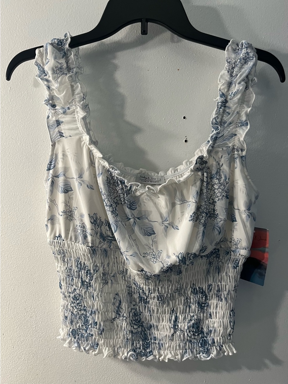 Smocked Floral Ruffle Crop Top - White & Blue